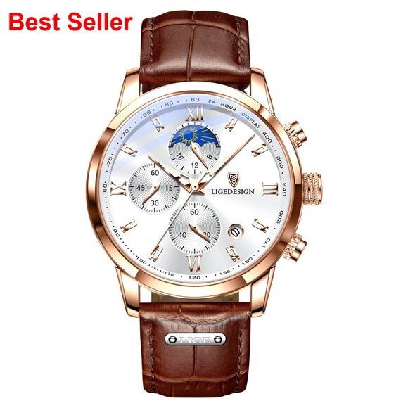 Leather Strap Chronograph Watch with Moon Phase and Date Display